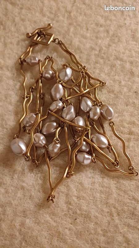 Collier Choker Vintage Biche De Bere - 3 Rangs Perles Acrylique Et Métal Doré - Neuf