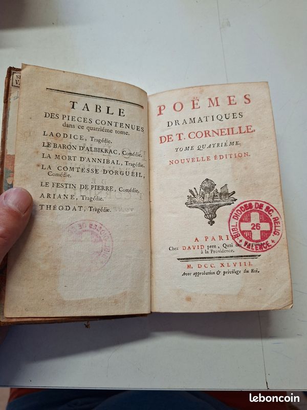 4449: Livre ancien 1748 COMPLET - Poèmes Dramatiques T4 Thomas Corneille - Reliure cuir XVIIIe (image 1)