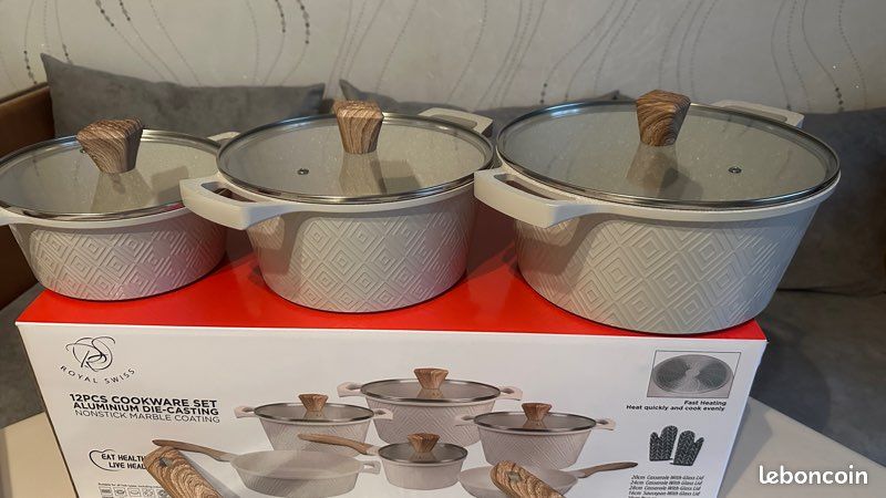 Royal Swiss Lot De 6 Pièces Casseroles & Poêles Avec Poignées Amovibles – Revêtement Marbre Induction Sans PFAS Beige/Noir