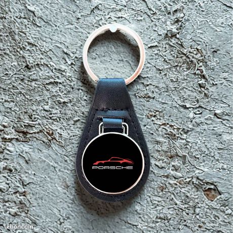 Porte-clés acier/simili cuir logo PORSCHE (Fond blanc