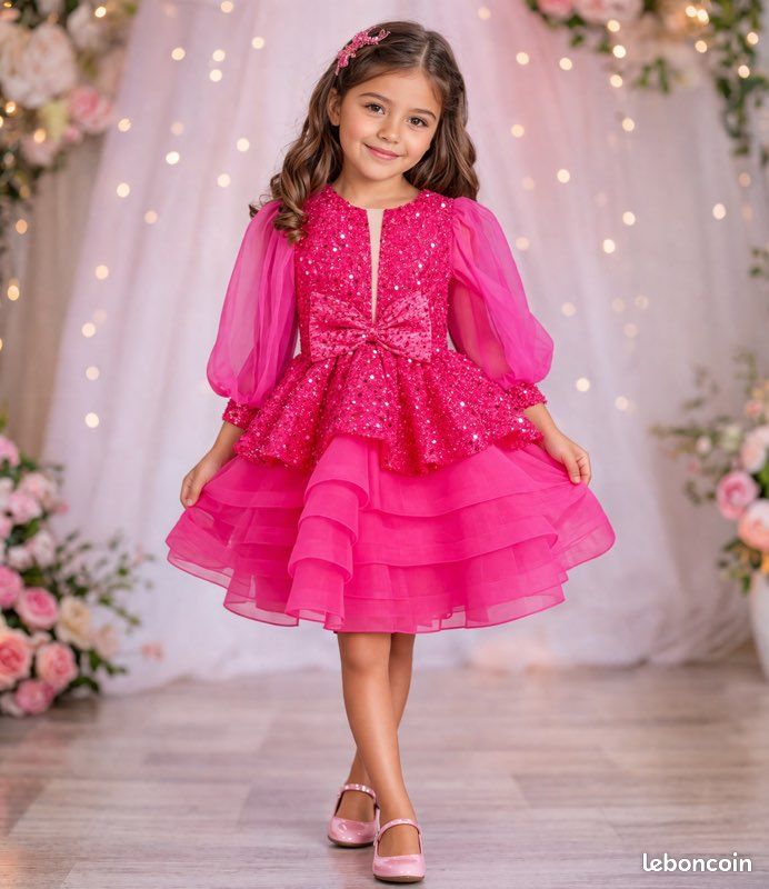Robe Enfant Rose Pailletée Noeud 6/8 ans neuve