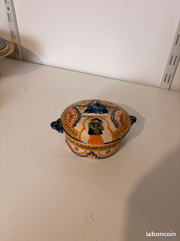 Ancien Bonbonnière Faïence Henriot Quimper Décor Orange Femme Fleurs (image 2)