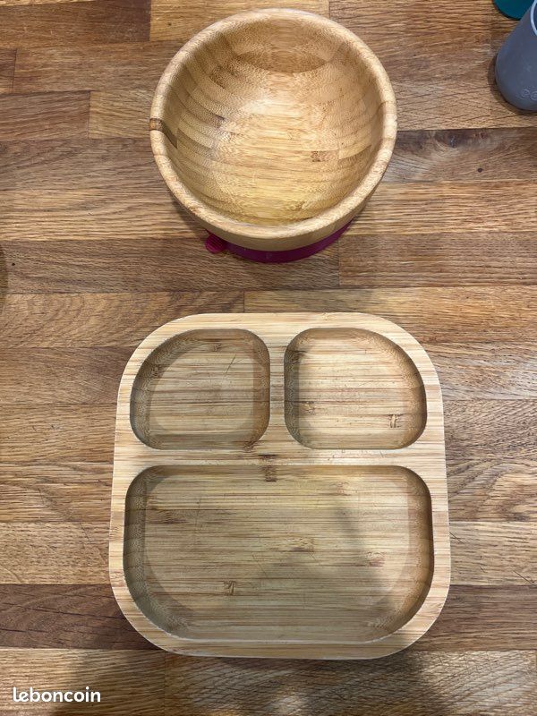 Équipement repas bébé assiette et bol en bambou avec ventouse (image 1)