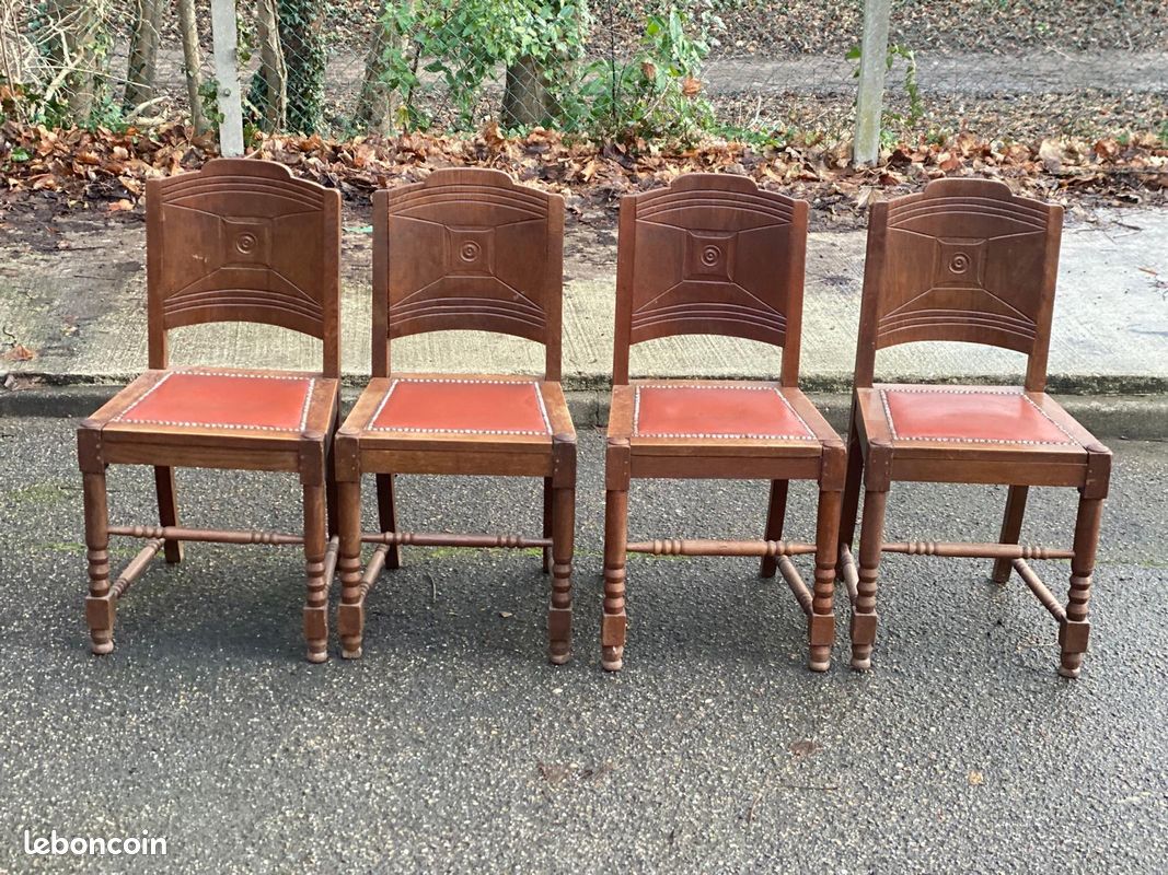 4 chaises gondoles art déco en bois massif chêne cuir skaï bordeaux 1930 (image 2)