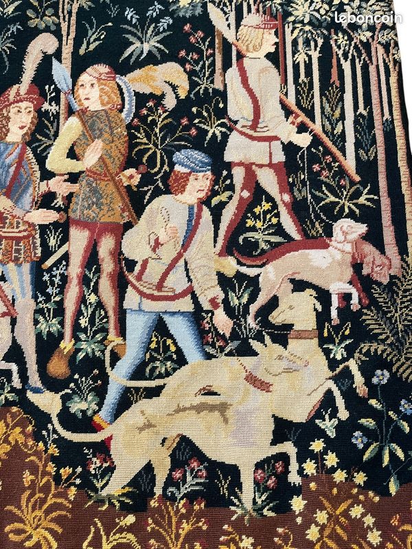 Ancienne tapisserie à la main Chasse médiévale Licorne XXème (image 3)