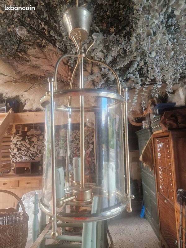 Plafonnier Ancien Industriel - Laiton, Aluminium, Verre Blanc - Reproduction