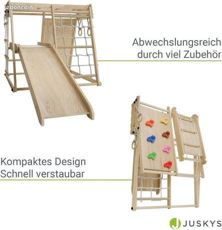 Structure D’escalade Intérieure Juskys – Toboggan, Mur D’escalade, Filet, Anneaux – Pliable En Bois Naturel, Pour Motricité