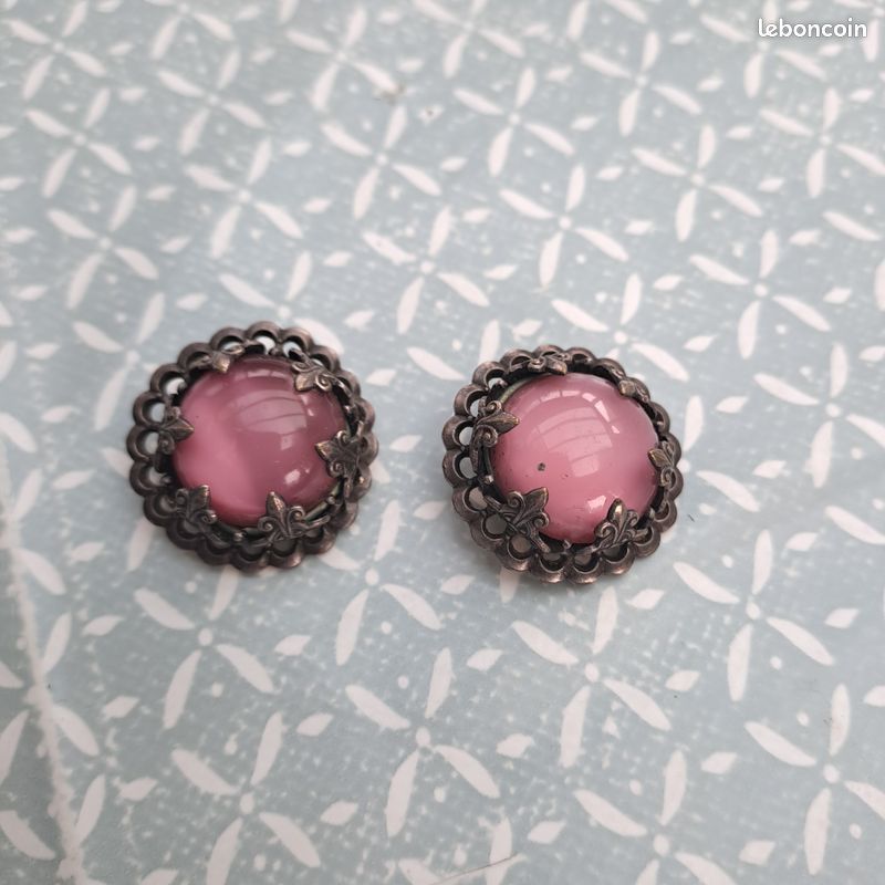 Boucles D'oreilles Vintage Clips - Perles Roses Tombantes - Occasion Parfait état