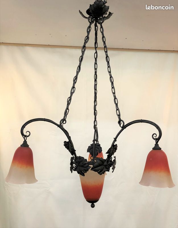 Lustre / suspension ART DECO fer forgé et pâte de verre signé SCHNEIDER (image 6)