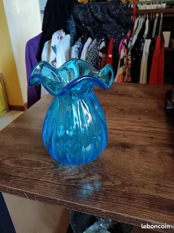 Sublime vase en verre soufflé bleu violet et vert inspiré par La Rochère déco plante fleur - Décoration
