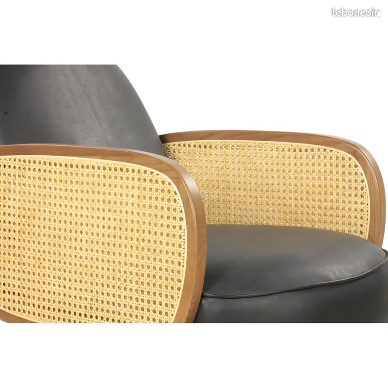 Fauteuil Club en cuir Noir et Côté en Cannage - Decoduweb (image 3)