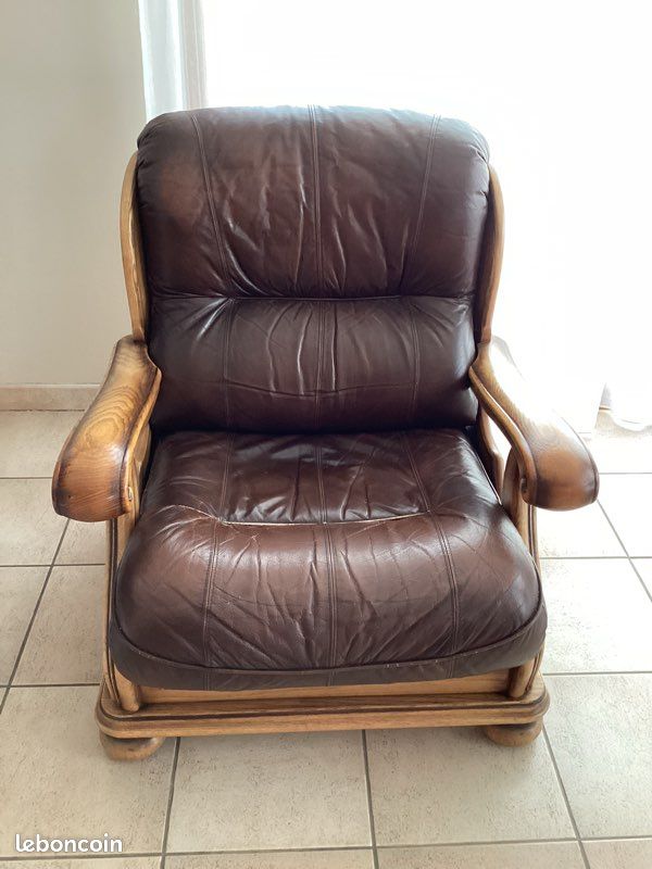 Fauteuil Vintage en cuir et chêne (image 2)