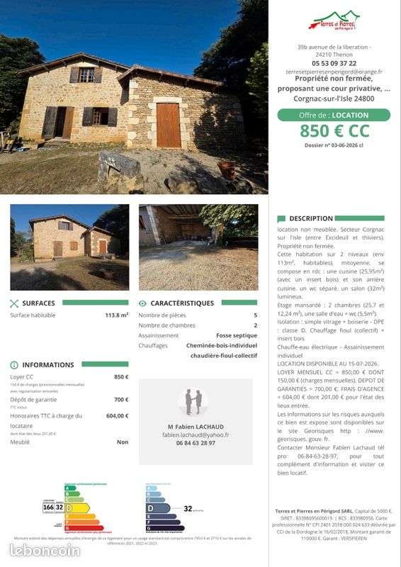 Maison 3 pièces 100 m² · à Corgnac-sur-l'Isle · 100 m² · 850 €