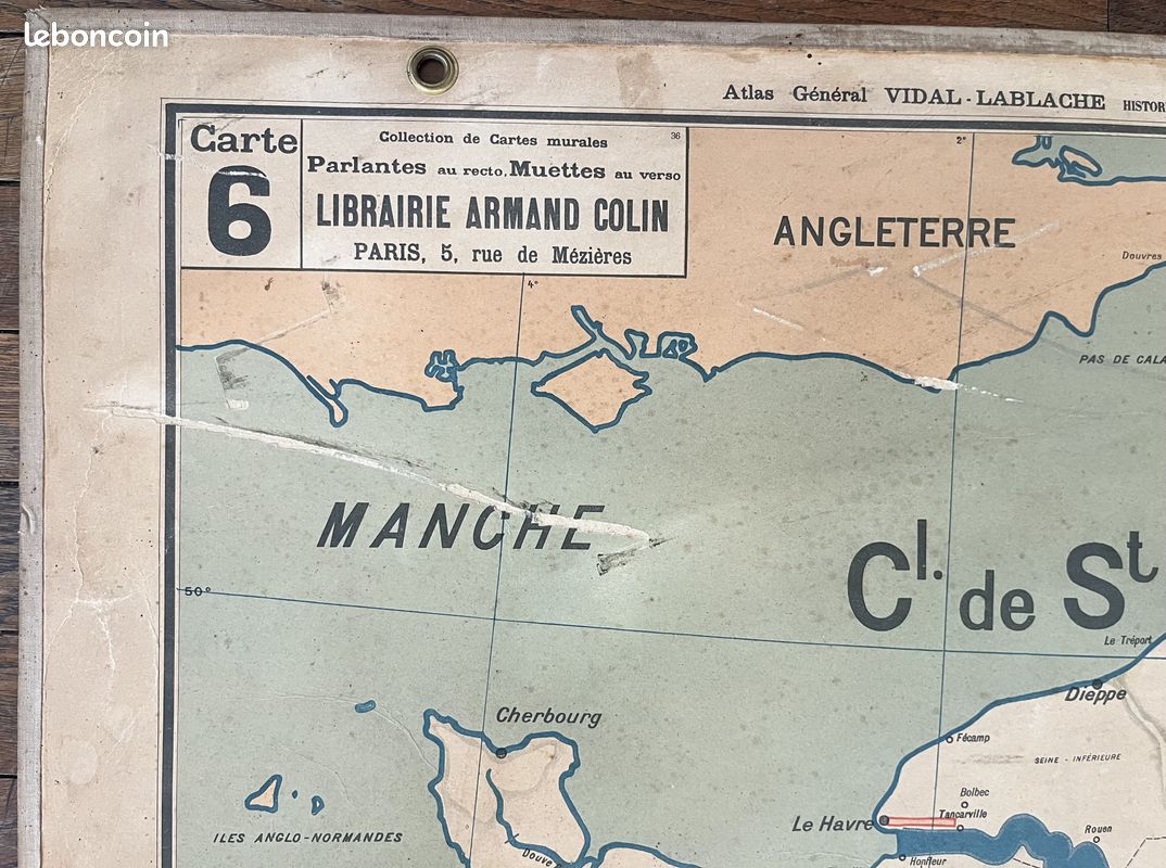 ✶RARE✶ Mézières - Ancienne carte scolaire Vidal-Lablache 6, A. Colin, T36, 1910 - France Canaux (image 3)