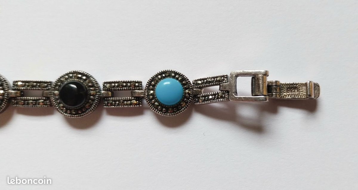 Bracelet Vintage En Argent 925 - Chaîne Avec Cabochons En Verre Dépoli - Longueur 21 Cm
