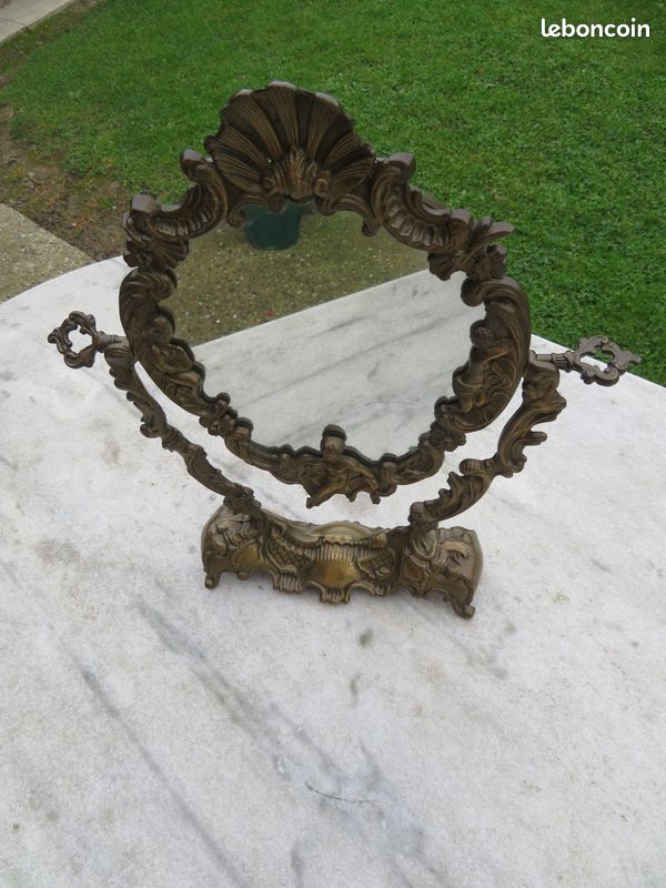 VINTAGE - Ancien Psyché/miroir a poser en bronze de style Louis XV à décor de Rocaille, Arabesque & Putto - FRANCE (Fin XIXé) (image 5)