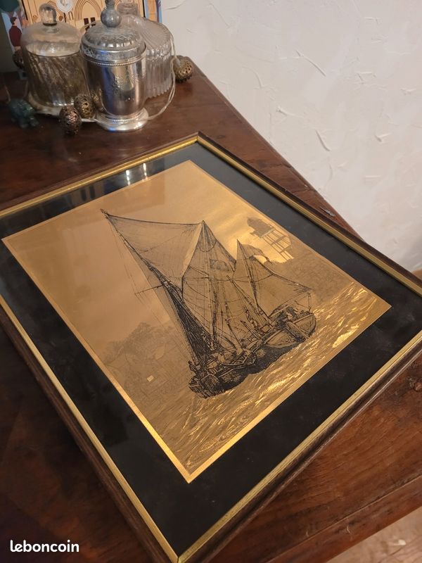 Tirage Vintage Original - Voilier Dans Une Baie - Estampe D'époque Vers 1870 (12x17cm)