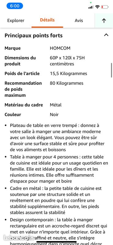 Table à manger 60P x 120L x 75H (image 2)