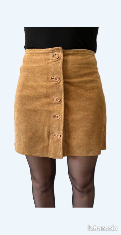 Jupe En Cuir Véritable Marron Camel – Taille S – Marque Turque – Style Mini Rétro – Occasion Très Bon état