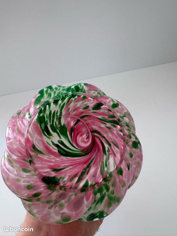 Grand Vase Torsadé en Verre de Murano - Rose et Vert Moucheté - Vintage 1950 (image 5)
