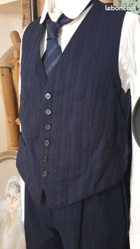 Costume ancien pièces homme bleu marine rayé blanc 1940 années