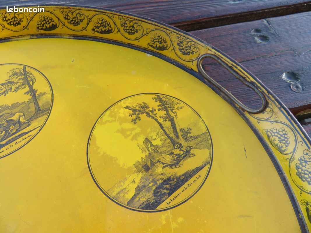 VINTAGE - Authentique ancien grand plateau en tôle laqué jaune (Époque 19ème siècle) (image 7)