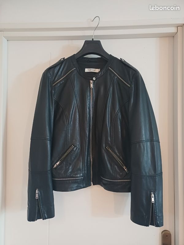 Blouson Motard NAF NAF Femme En Cuir D'agneau Noir Taille 40 - Neuf Sans étiquettes