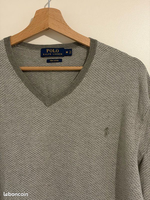 Pull col V Polo Ralph Lauren - Gris chiné - 100% Coton Pima - Taille M - Vêtements