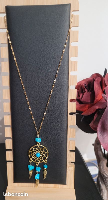 Pendentif Attrape Rêves sur chaine acier inoxydable dorée – Neuf – Turquoise (image 1)