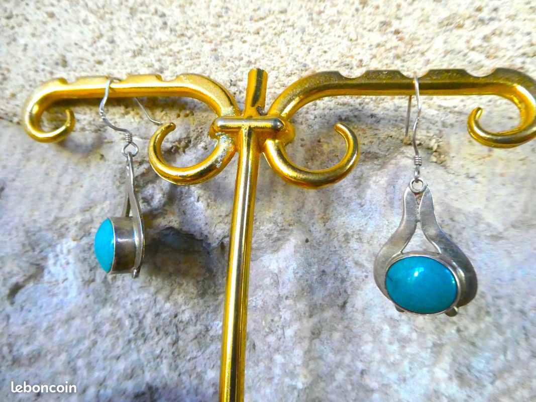 Boucles D'oreilles Anciennes - Turquoise Et Nacre Sur Argent 925 - Style Bohème Vintage