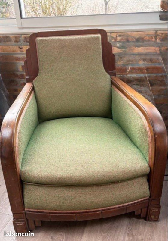 Fauteuil Art Déco ancien – bois et tissu vert – bon état (image 2)