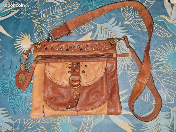 Sac à Main Vintage FOSSIL En Cuir - Style Bandoulière - Couleur Noir/marron Très Foncé - Occasion