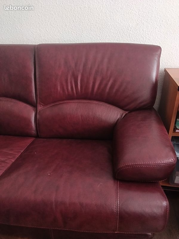 Canapé 3 places et un fauteuil 100% cuir de buffle bordeaux DAPHNE | Leroy Merlin