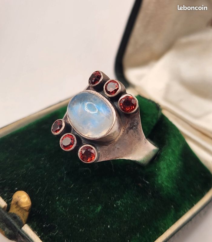Bague Ancienne En Argent Massif 925 - Taille 51, Style Alliance Jonc Avec Cabochon, Occasion