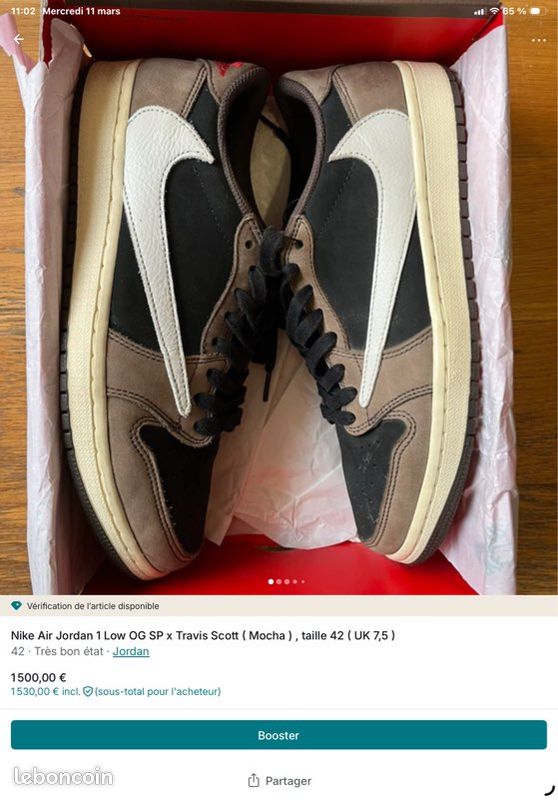 Sneakers Nike Air Jordan 1 Retro High x Travis Scott " Cactus Jack " , en excellent état , taille 42 (image 17)