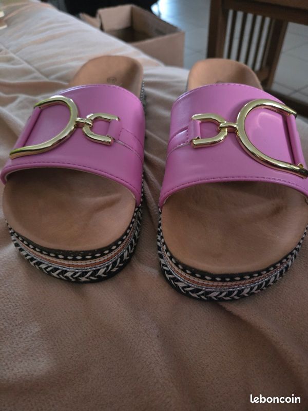 Sandales Claquettes En Cuir Softwaves - Pointure 40 - Gris - Occasion