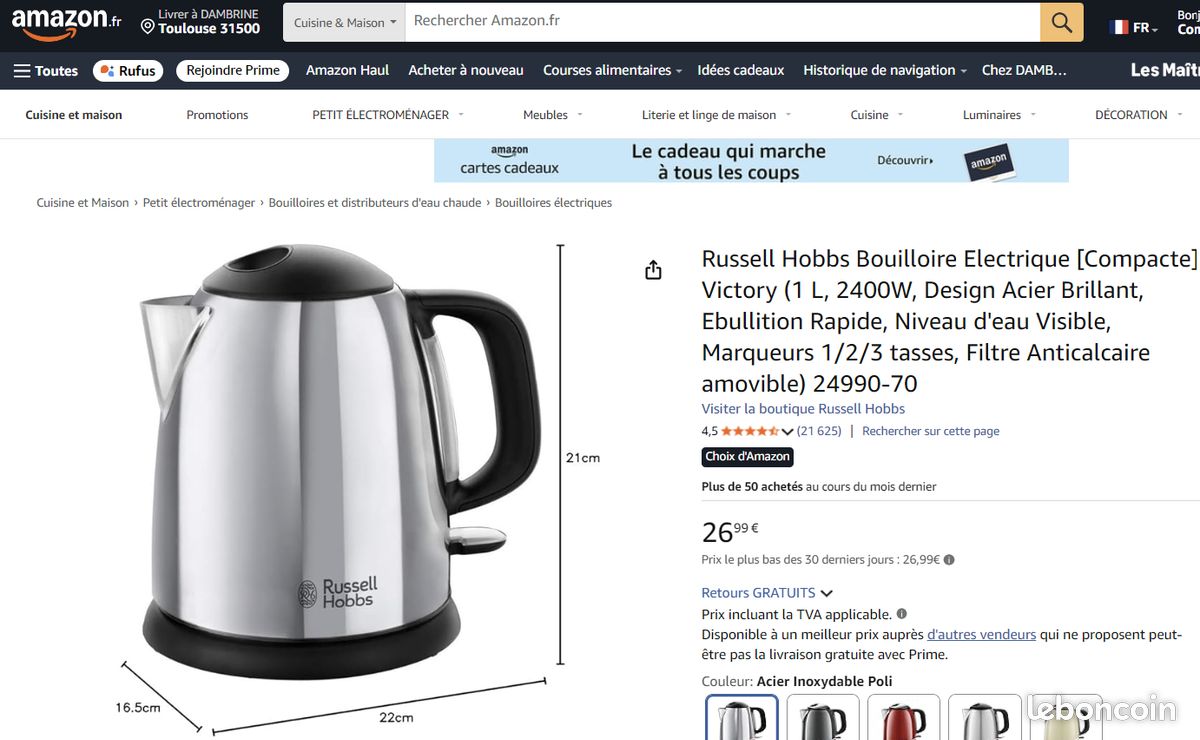 Bouilloire Electrique Russell Hobbs Victory 1 L, 2400W, Design Acier Brillant, Ebullition Rapide, Niveau d'eau Visible, Marqueurs 1/2/3 tasses, Filtre Anticalcaire amovible - 24990-70 (image 8)
