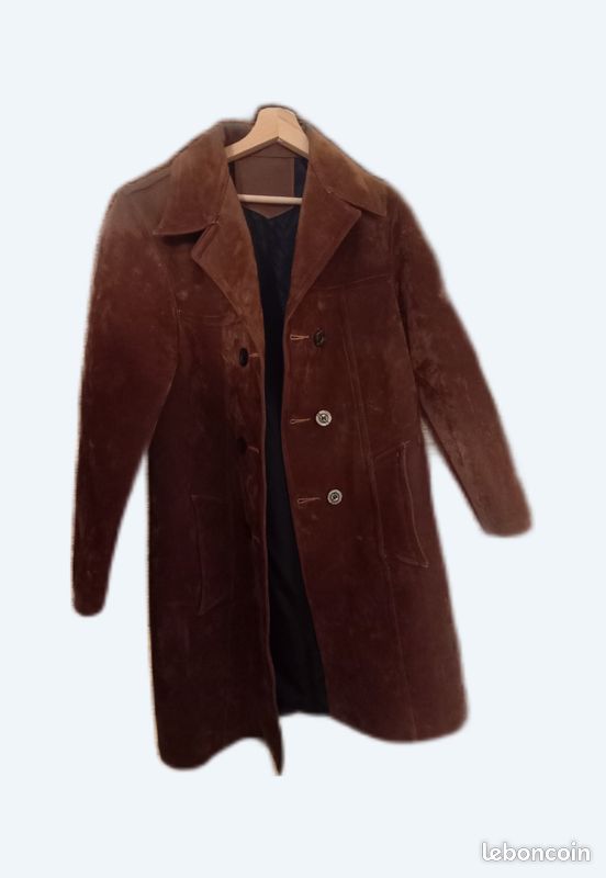 Manteau Mi-long En Cuir Touché Daim Vintage - Marque Brookland's - Taille M - Vert - Années 90