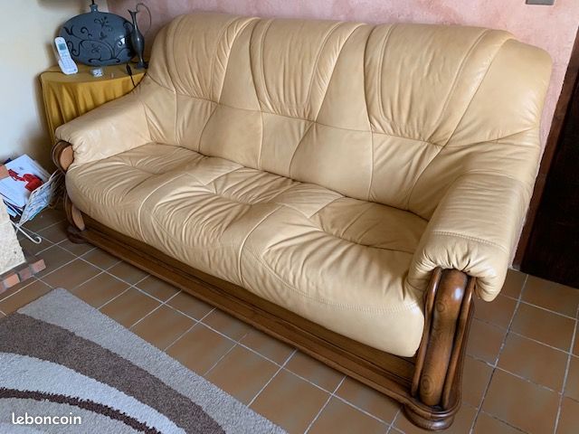 Canapé 3 places et fauteuil -cuir sable-bois massif (image 2)