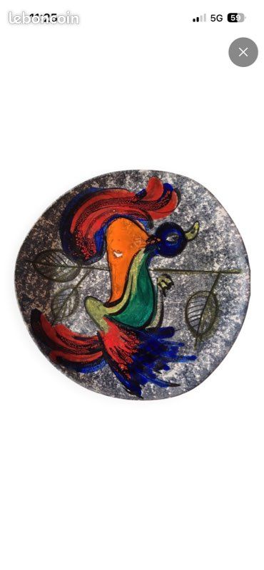 Assiette décorative en émail / céramique d'art – Jean Jalu – Décor Oiseau stylisé vintage 50s-70s (image 1)