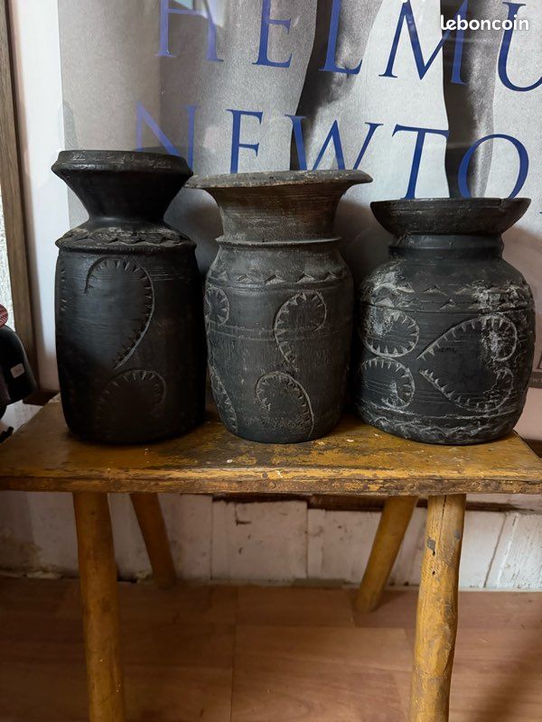 Lot 3 Pots Nepalais inde bois noir sculpté Esprit tribal & wabi-sabi (image 1)