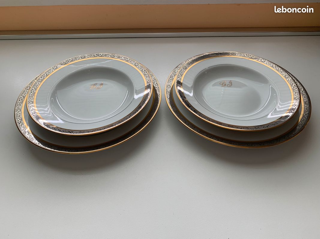 Limoges 2 dinner and 2 soup plates with GJ initials (image 2)