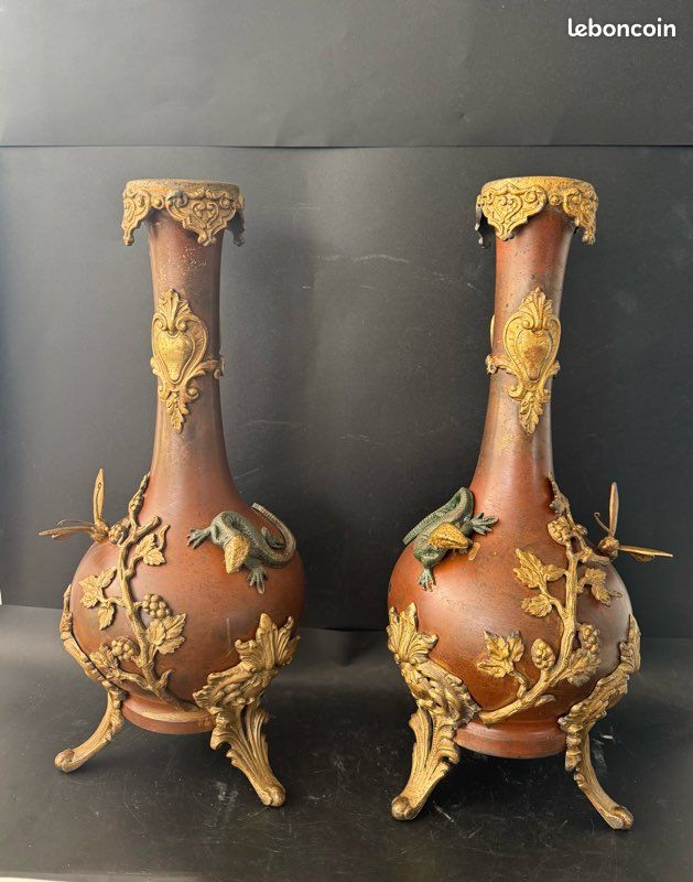 RARE Antique Napoleon III Japonisme Vases Pair Bronze Lizards Papillon France (image 11)