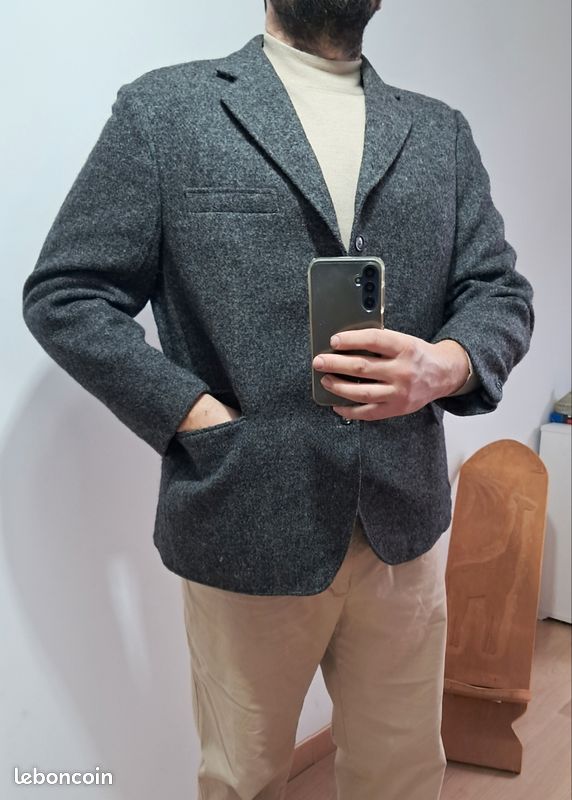Blazer Vintage Harris Tweed - Laine Grise - Taille L / UK44 / EU54 - Occasion TBE