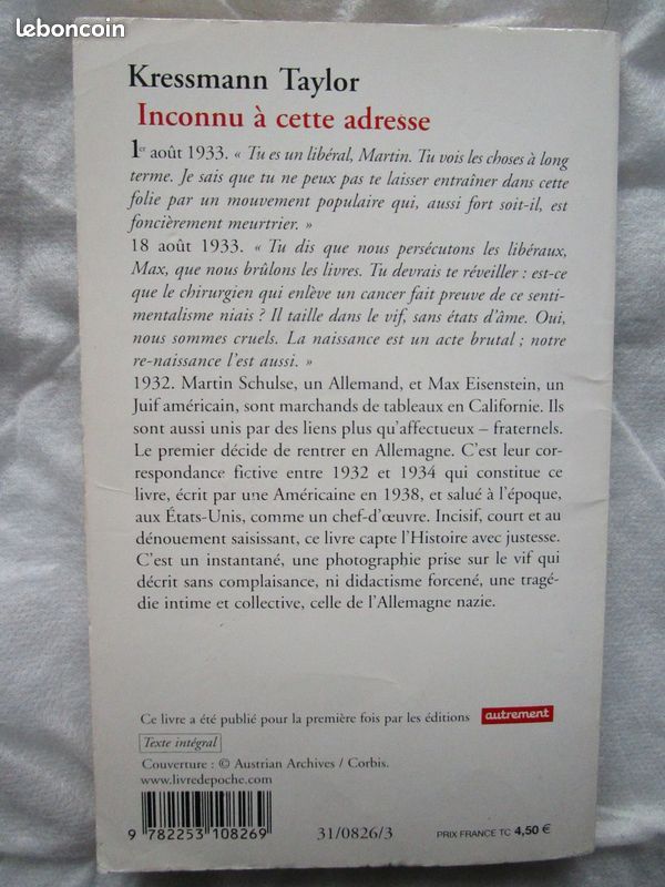 LIVRE "INCONNU A CETTE ADRESSE" de Kressmann TAYLOR (Poche) (image 2)