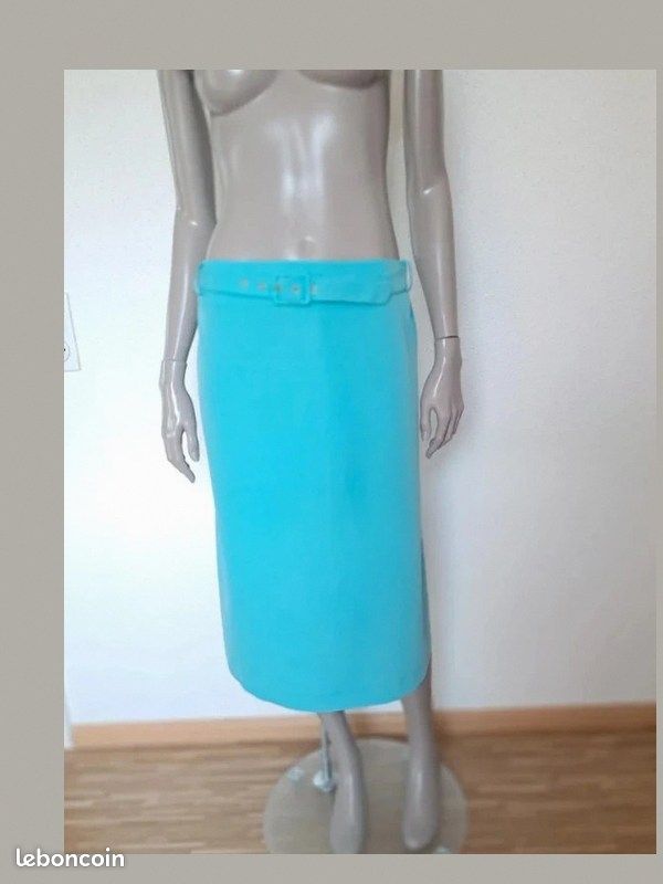 👗 Jupe Droite Midi Turquoise avec Ceinture - Taille 46 (Étiquette 50) (image 1)