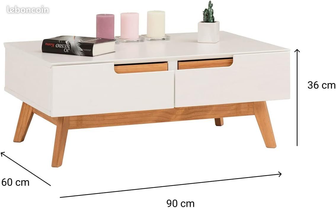 Table Basse Scandinave en Pin Massif – 90 x 60 cm – Design Vintage Blanc Lasuré – 2 Tiroirs & 2 Niches Modulables (image 2)