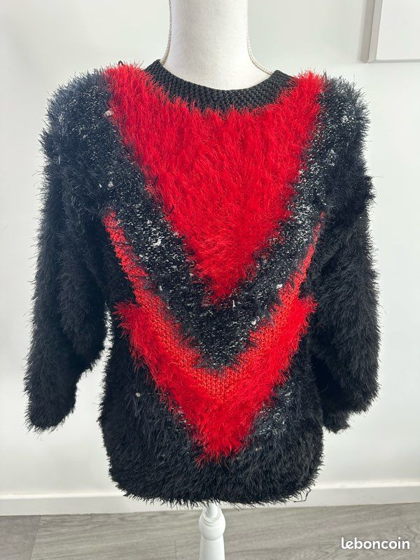 Pull poilu en angora synthétique rouge et noir Vintage T40 L