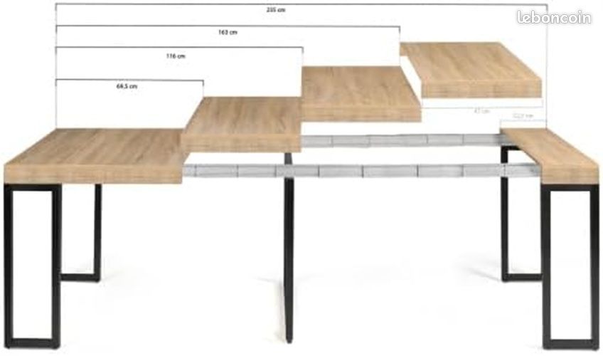 Table Console Extensible 45 à 235 cm – Design Industriel Loft – 4 Rallonges Incluses – Jusqu'à 10 Personnes – Bois et Métal Noir (image 4)