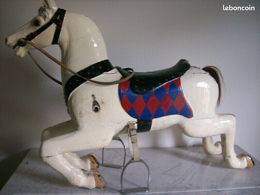 CHEVAL DE CARROUSEL ANTIQUE EN BOIS CHEVAL DRÔLE ORIGINAL À BASCULE env 1890 (image 6)